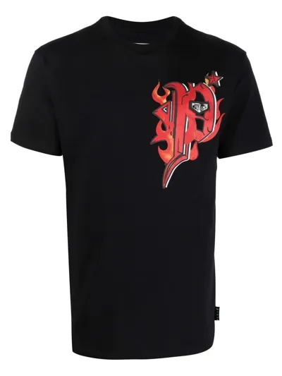 Philipp Plein Flame-print Cotton T-shirt In Schwarz