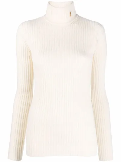 Saint Laurent Ribbed-knit Roll-neck Jumper In Nude & Neutrals