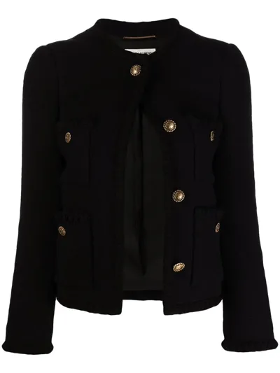 Saint Laurent Collarless Tweed Jacket W/ Four Pockets In Noir