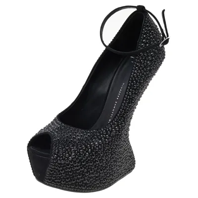 Pre-owned Giuseppe Zanotti Black Crystal Embellished Suede Heelless Peep Toe Platform Pumps Size 40.5