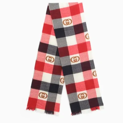 Gucci Navy/red/white Checked Scarf With Gg Pattern In Blue