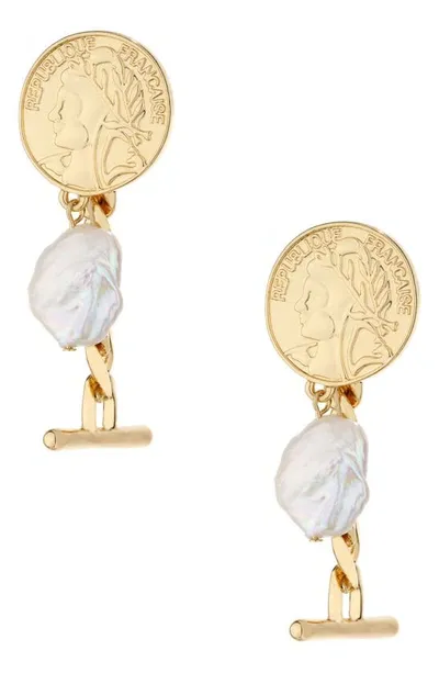 Ettika Gold-plated Coin Drop Earrings With Freshwater Pearls