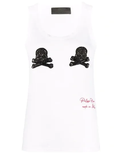 Philipp Plein Tank Top Crystal Skull With Crystals In White