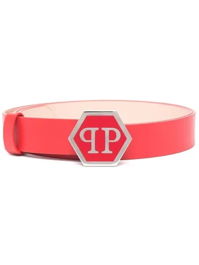 Philipp Plein Hexagon Leather Belt In Rot