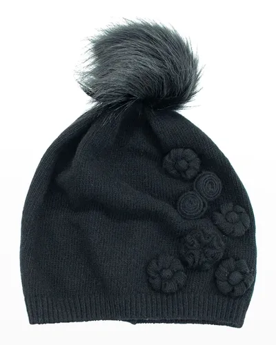 Portolano Floral Knit Cashmere Beanie W/ Pompom In Black