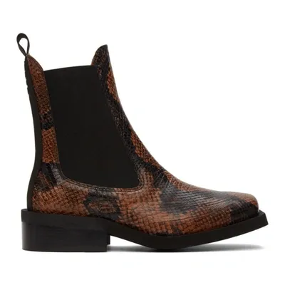 Ganni Brown Embossed Snake Chelsea Boots In Cognac