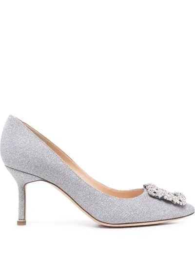 Manolo Blahnik Hangisi 70 Crystal-embellished Metallic-woven Courts In Silver