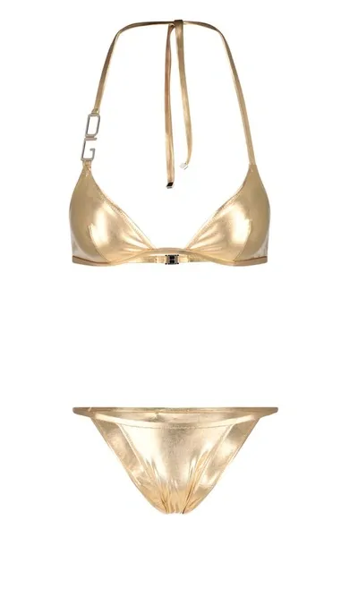 Dolce & Gabbana Logo Plaque Halterneck Bikini Set In Gold