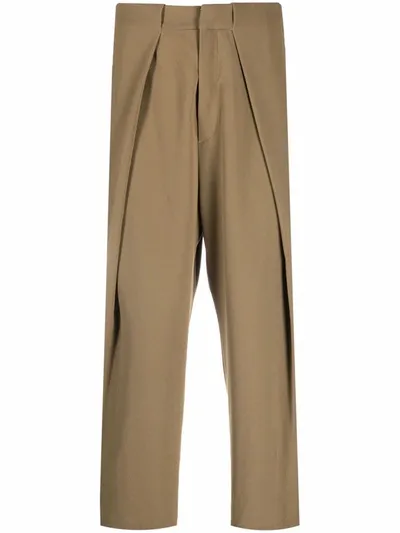 Balmain Side Folded Crepe Cropped Trousers In Khak