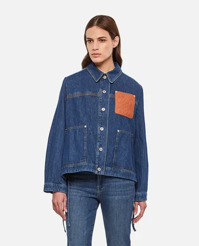 Loewe Leather-trimmed Two-tone Denim Jacket In Indigo Blue