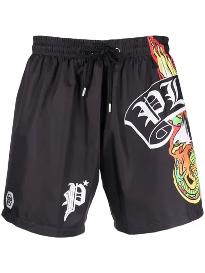 Philipp Plein Logo-print Swim Shorts In Schwarz