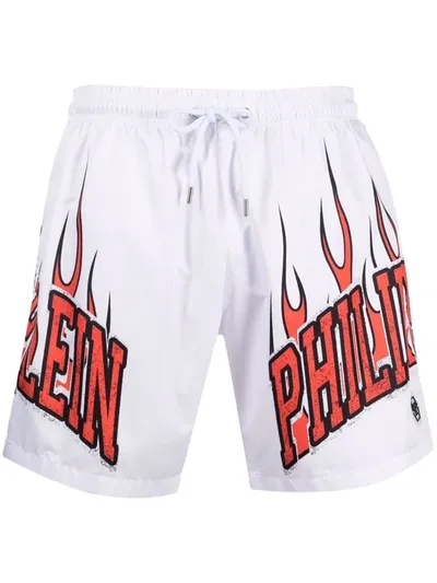 Philipp Plein Flame Logo Print Swim Shorts In Weiss