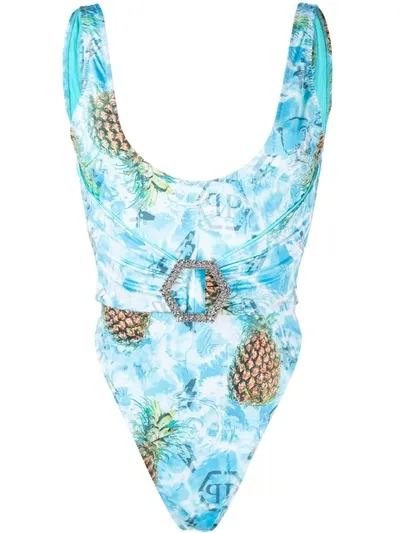 Philipp Plein Pineapple Skies Buckled Monokini In Blue