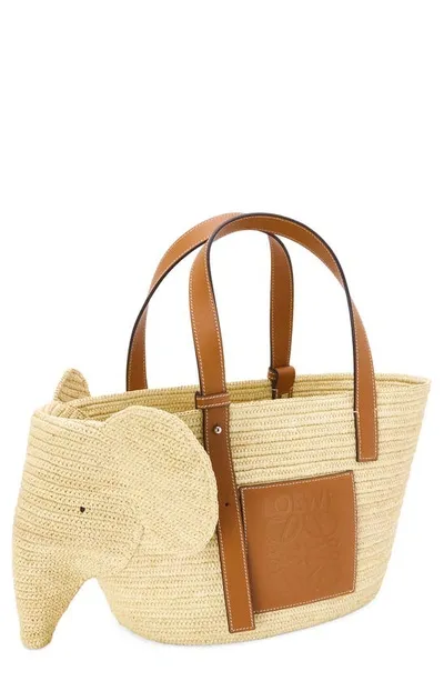 Loewe Neutral Elephant Small Raffia Tote Bag In Nattan