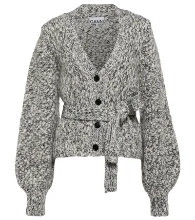 Ganni Belted Balloon-sleeve Cardigan In Egret