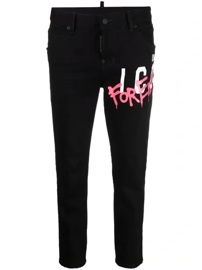 Dsquared2 Forever Graffiti Cropped Jeans In Black