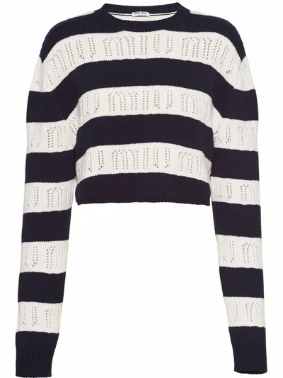 Miu Miu Striped Cashmere Sweater With Perforated Logo Detail In Navy