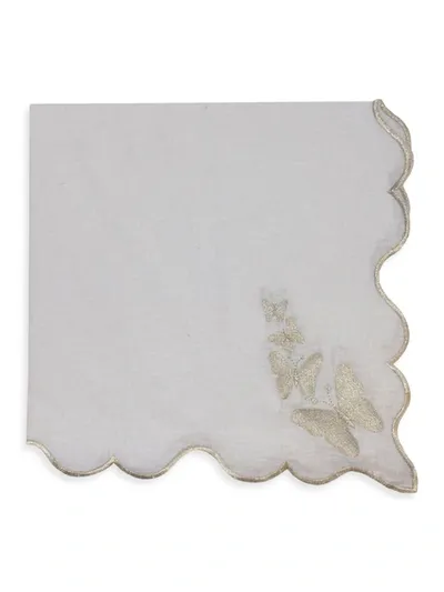 Nomi K White Linen Silver Butterfly Scalloped Edged Embroidered Napkin