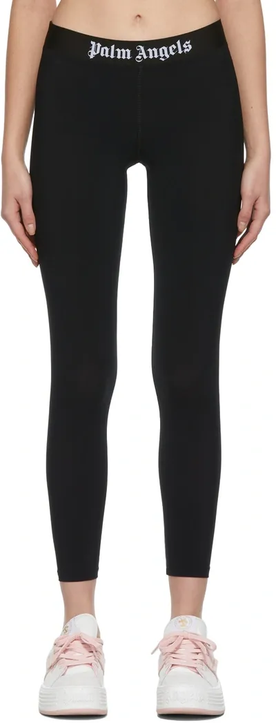 Palm Angels Black Logo Leggings In Black White