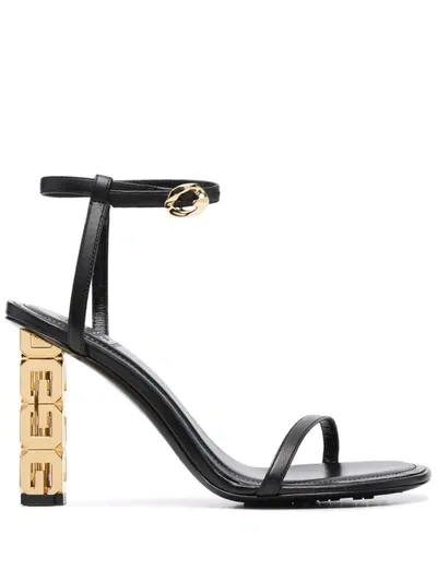 Givenchy Black Leather Sandals With G Cube Heel In Green Forest