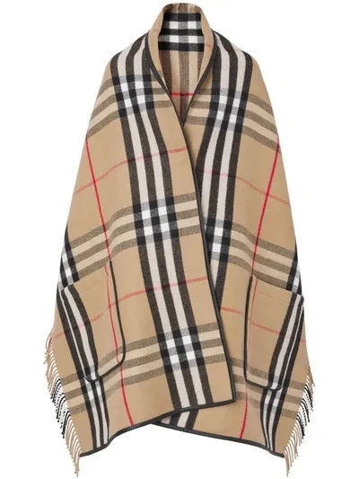 Burberry Check Fringed Cape In Beige