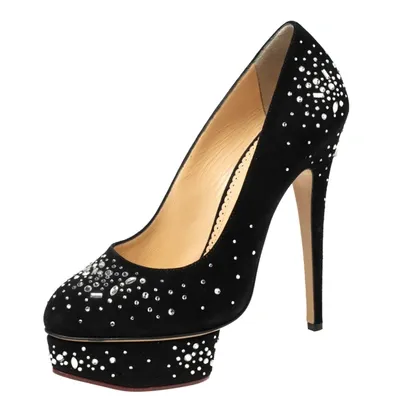 Pre-owned Charlotte Olympia Black Crystal Embellished Suede Dolly Platform Pumps Size 40.5