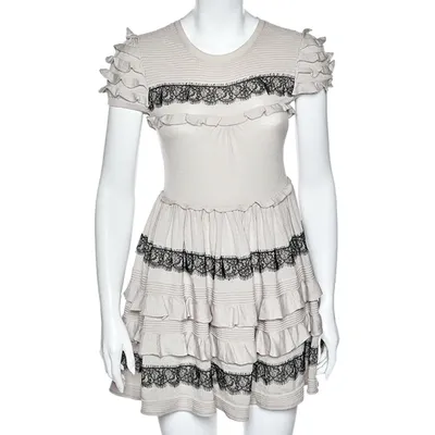 Pre-owned Red Valentino Beige Wool Lace Trim Ruffled Mini Dress M