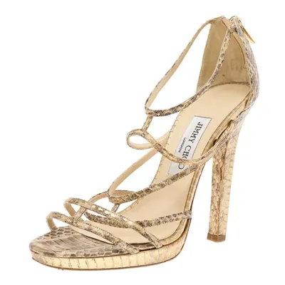 Pre-owned Jimmy Choo Metallic Gold/beige Leather Strappy Sandals Size 39