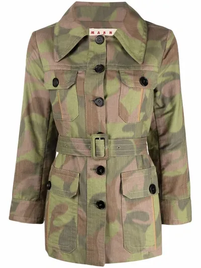 Marni Canvas Camouflaged Belted Jacket In Green