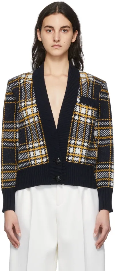 Saint Laurent Checked Wool-blend Jacquard Cardigan In Marine Naturel Jaune