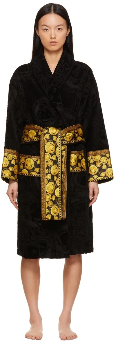 Versace I Love Baroque Logo-jacquard Cotton Bathrobe In Black