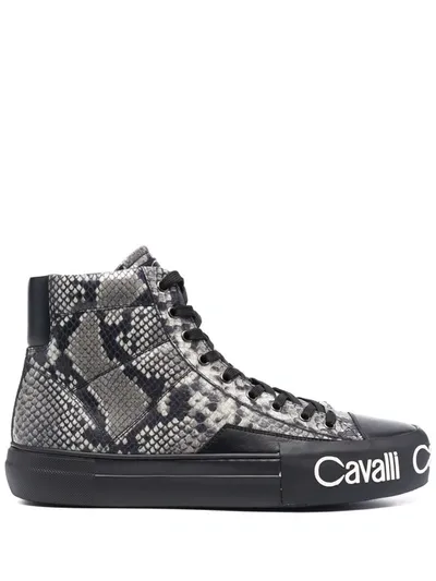 Roberto Cavalli Snake-effect Leather High-top Sneakers In Black