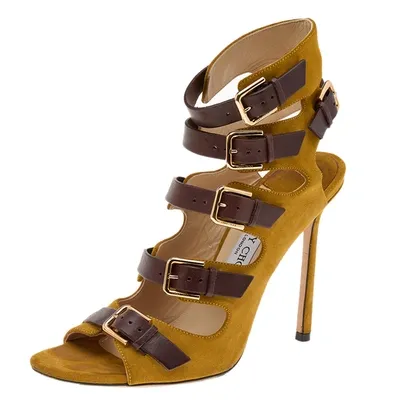 Pre-owned Jimmy Choo Yellow/brown Suede And Leather Trick Caged Sandals Size 40