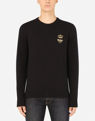 Dolce & Gabbana Round-neck Wool Sweater With Embroidery In Blue