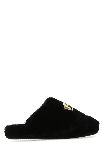 Versace Medusa Plaque Fur Slippers In Black