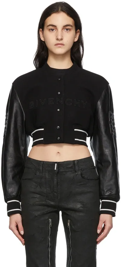 Givenchy Cropped Embroidered Wool-blend Fleece And Leather Bomber Jacket In Black White