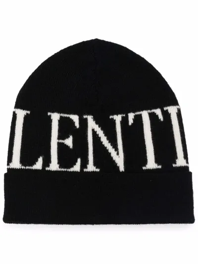 Valentino Garavani Intarsia-logo Knitted Beanie In Black