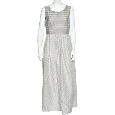 Pre-owned Weekend Max Mara Grey Cotton & Silk Striped Maxi Dress L