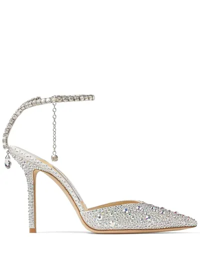 Jimmy Choo Saeda Crystal Ankle Strap Pointed Toe Pump In Ivory Crystal