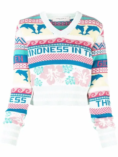 Golden Goose Patterned Knit Cropped Jumper In White,blue,pink