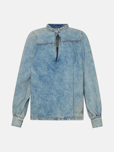 Ganni Gathered Organic-cotton Blend Denim Blouse In Tint Wash