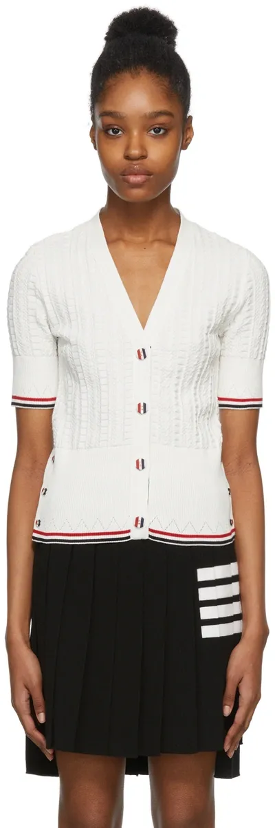 Thom Browne Striped Pointelle-knit Merino Wool Cardigan In Weiss