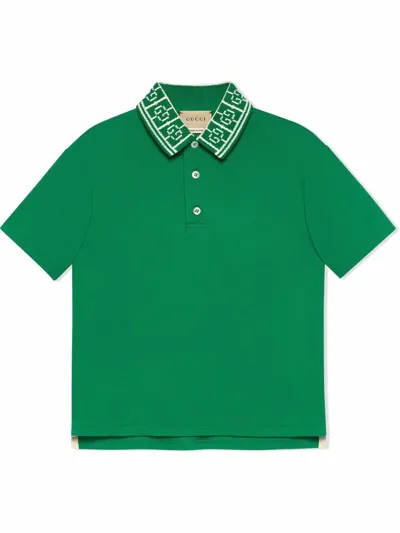 Gucci Kids' Gg-collar Cotton Polo Shirt In Green