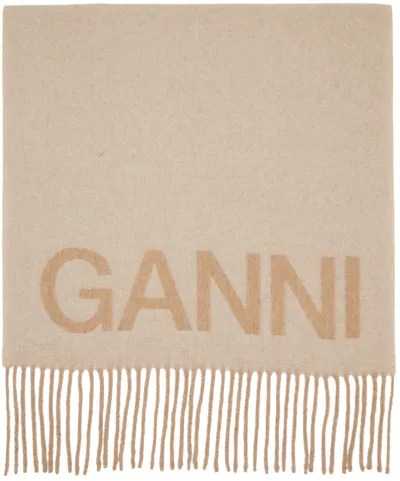 Ganni Beige Wool Scarf With Logo In Egret