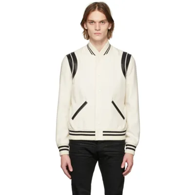 Saint Laurent Teddy Leather-trim Wool-blend Bomber Jacket In Naturel