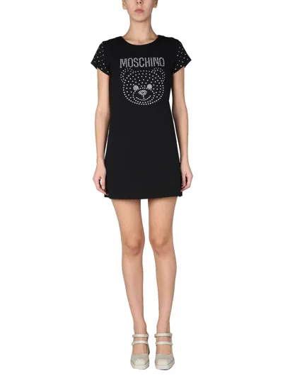 Moschino "crystal Teddy Bear" T-shirt Dress In Nero