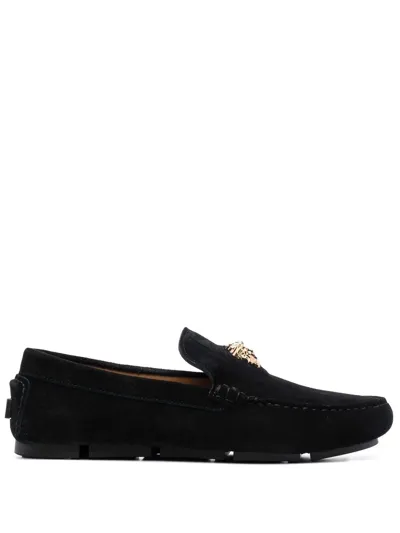 Versace Men's Medusa Leather Driver Loafers In Black Ruthenium