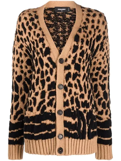 Dsquared2 Leopard-knit Cardigan In Beige