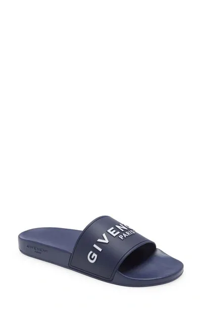 Givenchy Black Slide Slippers With Logo In Blue