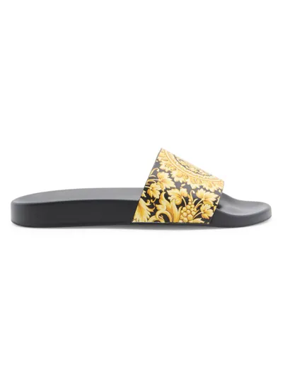 Versace Barocco Print Leather Slides In Black Gold